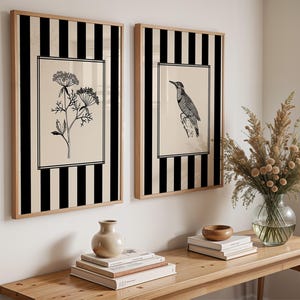 Juego de 2 impresiones de arte floral y de aves, póster de rayas negras, arte de pared estilo cottagecore, dibujo lineal de la naturaleza, arte de pared de galería