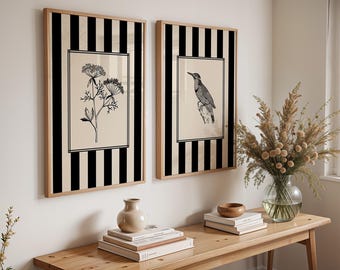 Juego de 2 impresiones de arte floral y de aves, póster de rayas negras, arte de pared estilo cottagecore, dibujo lineal de la naturaleza, arte de pared de galería.