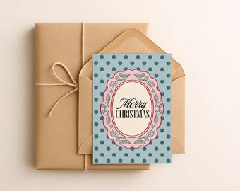 Printable Christmas Greeting Card: Retro Polka Dot Holiday Card, 5x7 Instant Download