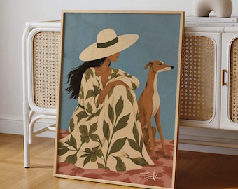 Printable Woman Wall Art: Woman and Dog Print, Blue Terracotta Decor