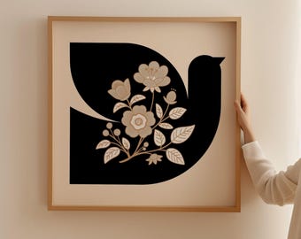 Impresión artística abstracta de aves: póster folclórico moderno (descarga digital)