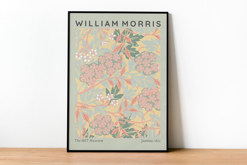 May include: A framed print of a floral pattern in shades of pink, green, and yellow. The print is titled "Jasmine, 1872" and is attributed to William Morris. The print is from The Met Museum.