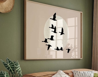 横向きの鳥のプリント可能な壁アート、飛んでいる鳥のアートポスター