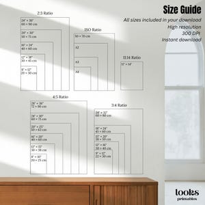 Puede incluir: Una gu&iacute;a de tallas con formas rectangulares que representan diferentes proporciones de impresi&oacute;n y dimensiones en cm. El texto incluye "Gu&iacute;a de tallas", "Alta resoluci&oacute;n" y "Descarga instant&aacute;nea".