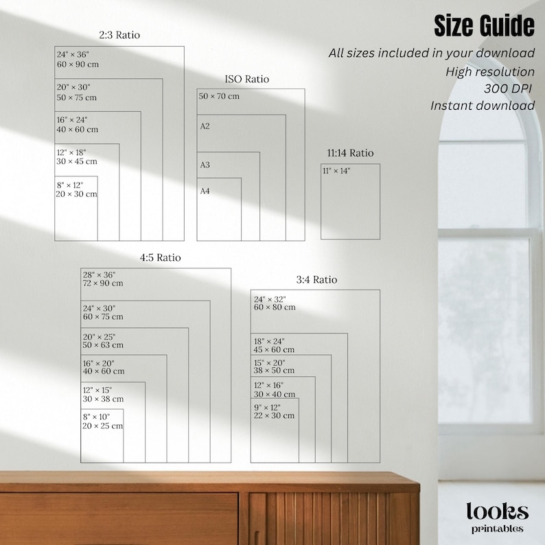 Puede incluir: Una gu&iacute;a de tallas con formas rectangulares que representan diferentes proporciones de impresi&oacute;n y dimensiones en cm. El texto incluye "Gu&iacute;a de tallas", "Alta resoluci&oacute;n" y "Descarga instant&aacute;nea".