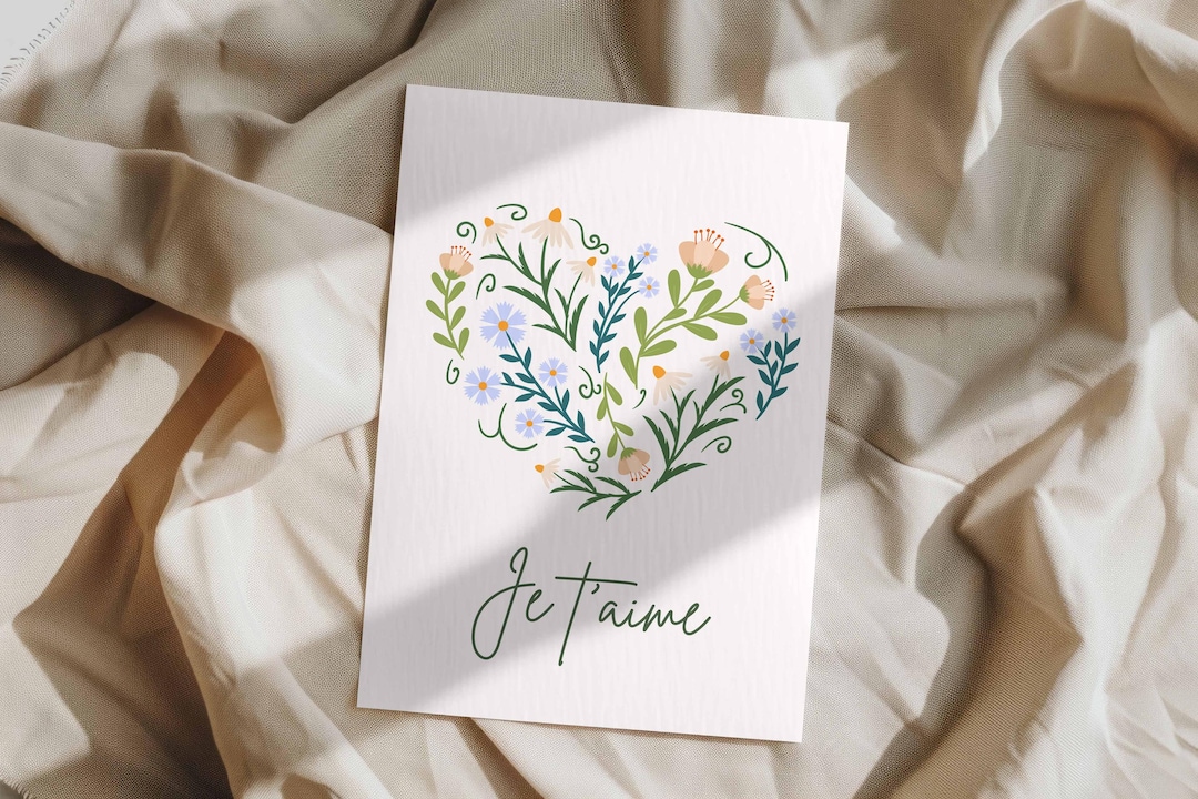 New Aime Card Je T’aime Floral Printable Greeting Card: Minimal French Love Card ...