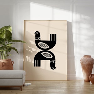 Arte de pared imprimible de pájaros minimalistas, impresión de pájaros abstractos en blanco y negro, cartel de arte simple moderno, arte digital abstracto de gran tamaño
