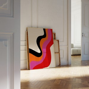 Abstrato vermelho rosa laranja arte de parede imprimível, download de impressão minimalista de tamanho grande, presente de decoração de parede moderna, arte de decoração de casa