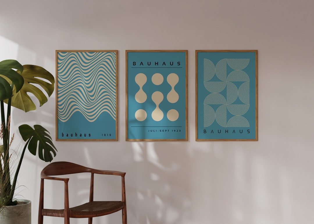 Bauhaus Printable Wall Art Blue Set of 3, Mid Century Modern Art Print ...