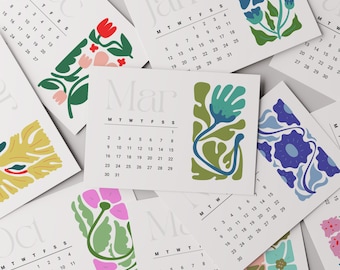 Mini calendarios 2026: Calendario mensual imprimible con diseño floral horizontal (descarga digital en PDF)