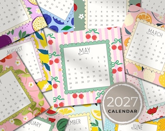 Mini-Kalenderkarten 2027: Druckbarer quadratischer Tischkalender mit Fruchtmuster (PDF-Download)