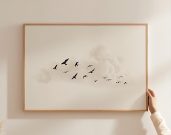 Flying Birds Silhouette Horizontal Printable Wall Art: Minimalist Cloud Landscape Nature Print