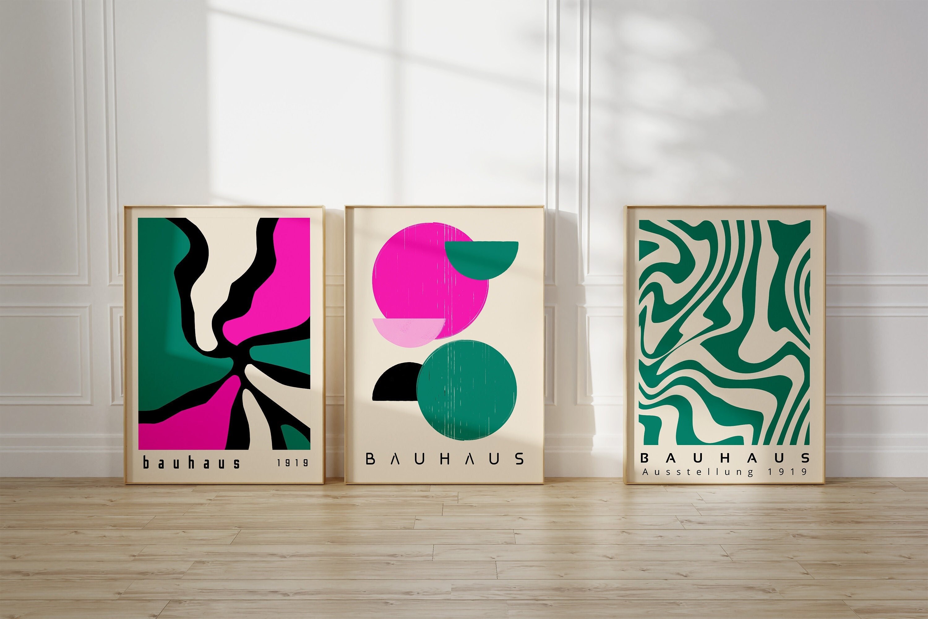 Hot Pink Bauhaus Printable Wall Art Set of 3, Green Mid Century Modern ...