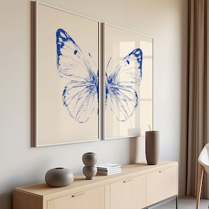 Blaue Skizze Schmetterling Wand Kunst 2er Set, Schmetterling druckbare Wandkunst, minimalistischer Schmetterling Print Poster Download, gemütliche Dekoration