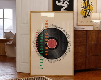 May include: A vintage-style poster with a black vinyl record in the center. The record has a red label and is surrounded by musical notes. The text on the poster reads "Jazz Festival New York 1994".
