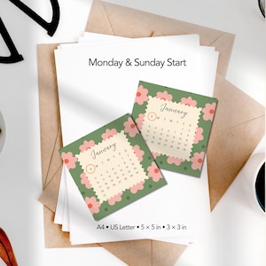 May include: Two square January calendars with a green background and pink flower pattern. The text reads Monday & Sunday Start, A4, US Letter, 5 x 5 in, 3 x 3 in. The calendars feature a cream-colored center with black text for dates and days.