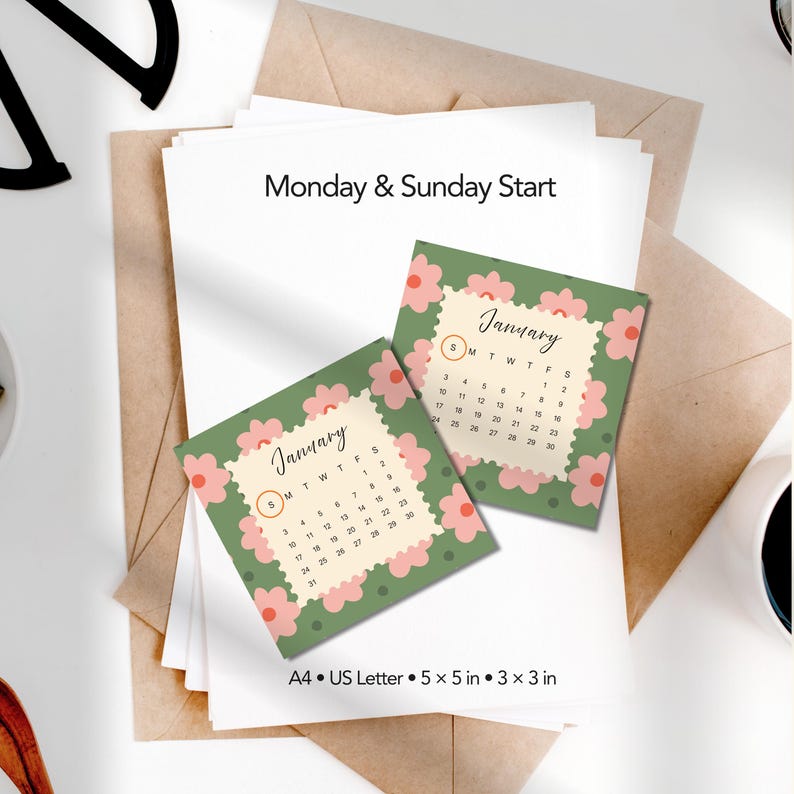 May include: Two square January calendars with a green background and pink flower pattern. The text reads Monday & Sunday Start, A4, US Letter, 5 x 5 in, 3 x 3 in. The calendars feature a cream-colored center with black text for dates and days.