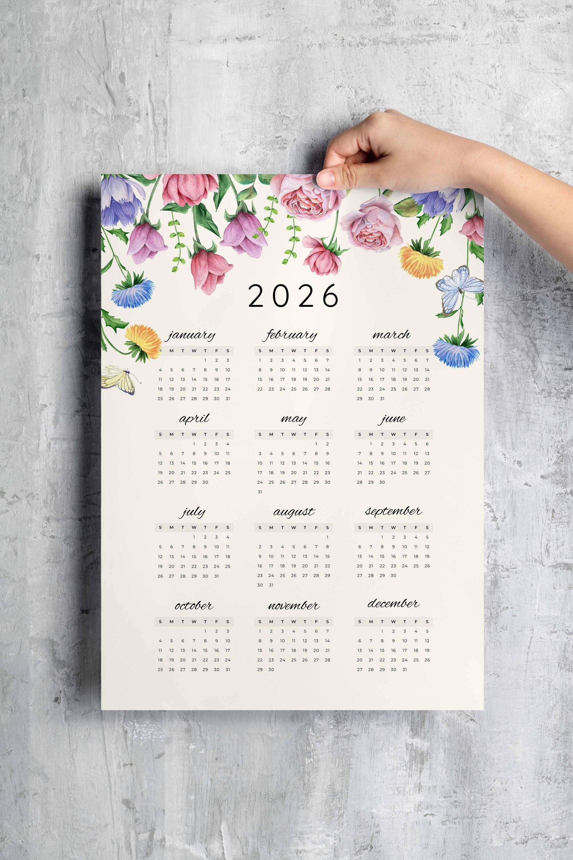 2026 Floral Yearly Calendar Printable: Watercolor Flower Wall Calendar ...
