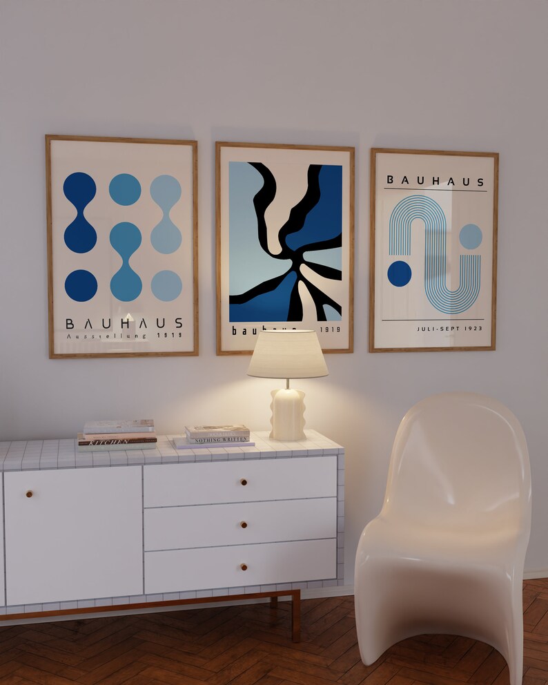 Blue Bauhaus Printable Wall Art Set of 3, Mid Century Modern Art Print ...
