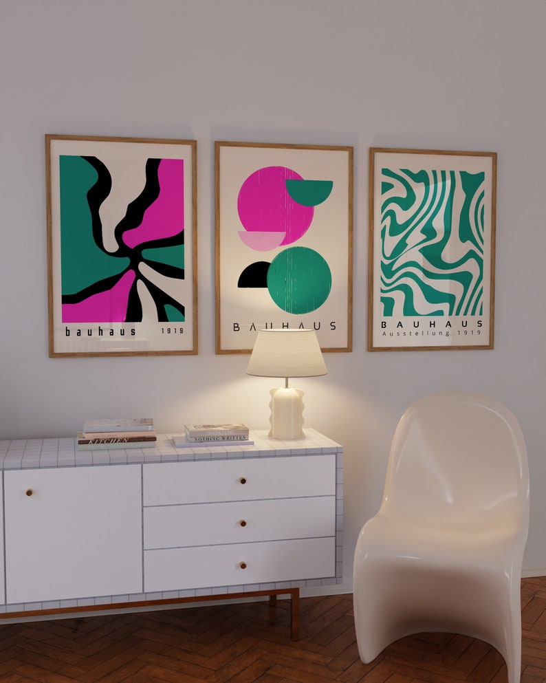 Hot Pink Bauhaus Printable Wall Art Set of 3, Green Mid Century Modern ...