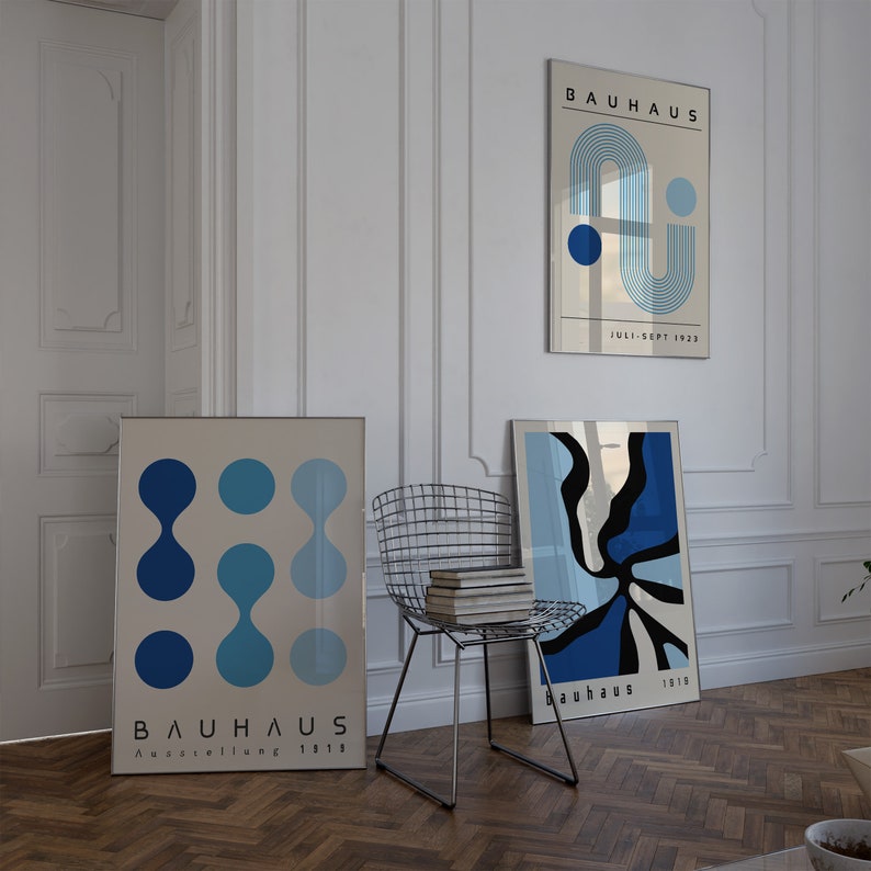 Blue Bauhaus Printable Wall Art Set of 3, Mid Century Modern Art Print ...