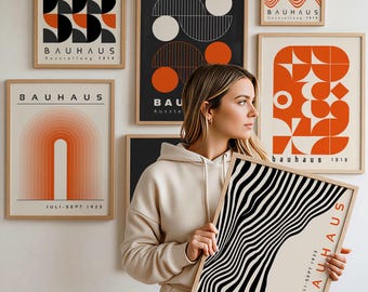 Bauhaus Orange Black Printable Wall Art: Mid Century Set of 6