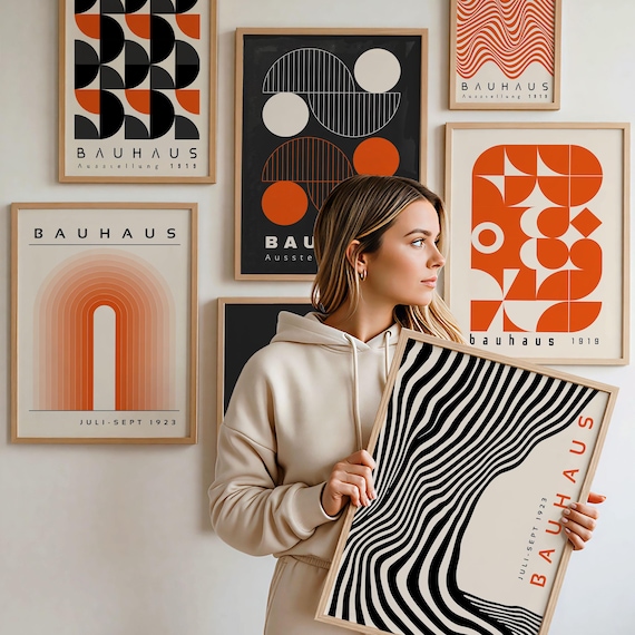 Bauhaus Orange Black Printable Wall Art: Mid Century Set of 6