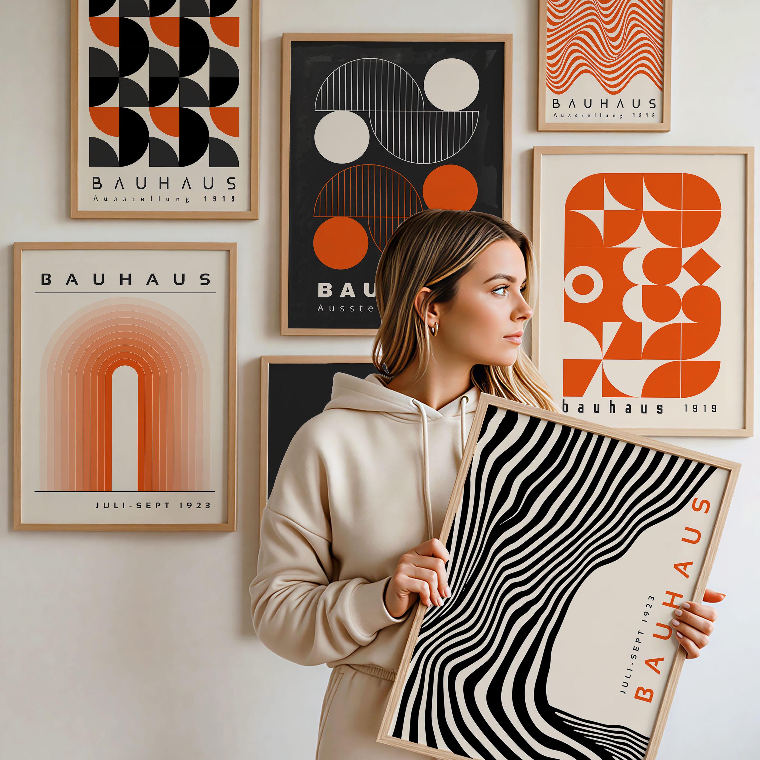 Bauhaus Orange Black Printable Wall Art: Mid Century Set of 6
