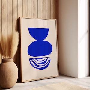 Royal Blau Minimalistische abstrakte druckbare Wandkunst, helles blaues moderne Kunst Poster, Oversize abstrakte digitale Kunst, modernes Mid-Century Design