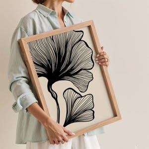 Arte de parede minimalista para impressão de folhas de ginkgo, impressão botânica moderna, decoração para casa para impressão em preto e bege, pôster de arte de linha abstrata de tamanho grande