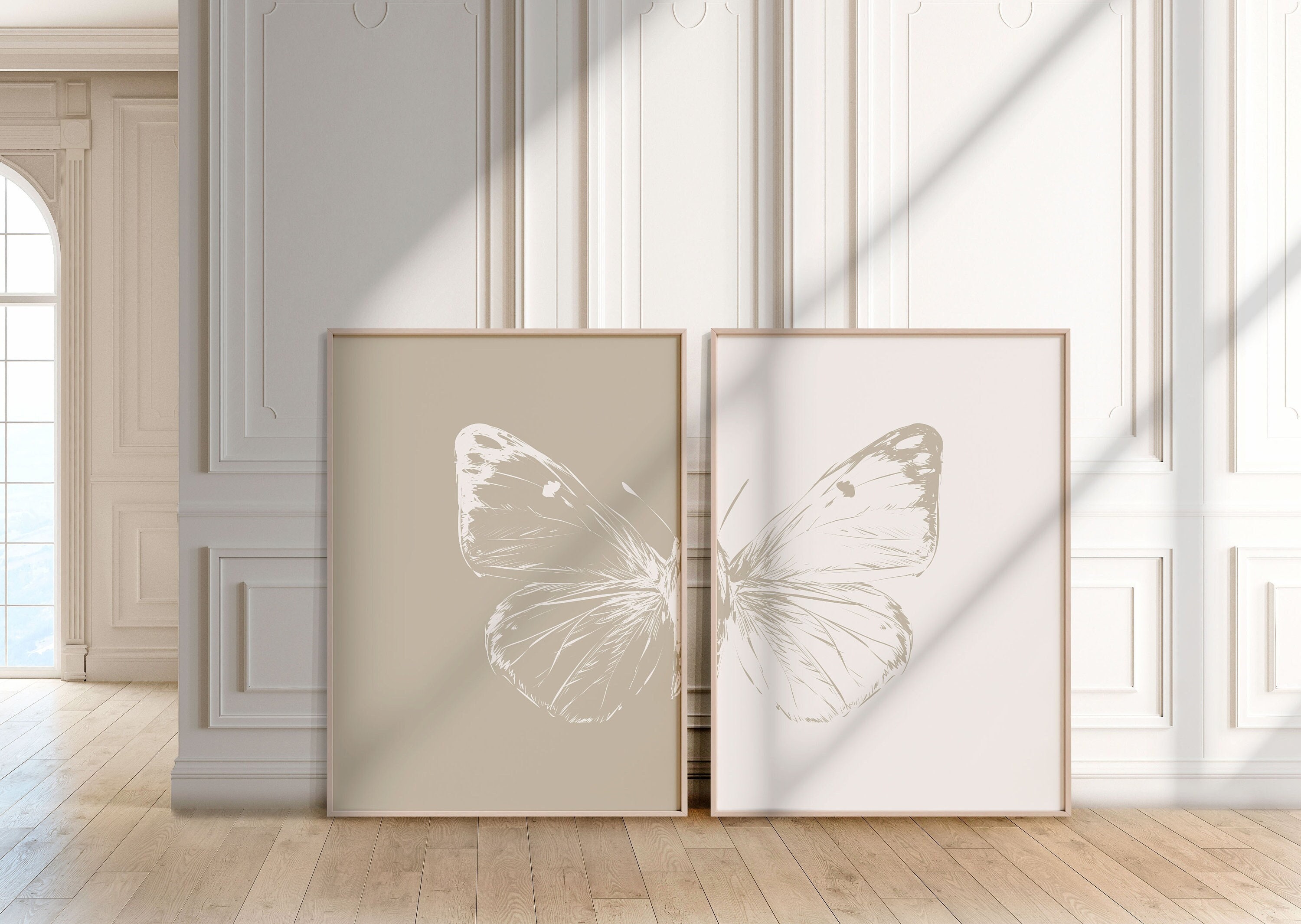 Butterfly Printable Wall Art Set of 2, Beige Butterfly Poster Print ...
