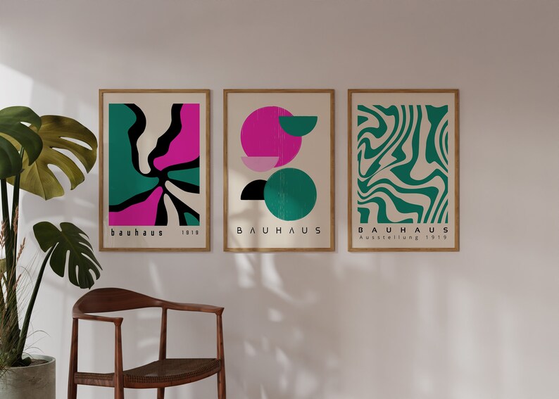 Hot Pink Bauhaus Printable Wall Art Set of 3, Green Mid Century Modern ...