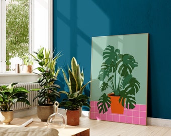 Arte mural imprimible de planta Monstera, póster de planta en maceta, arte mural botánico, decoración ecléctica para el hogar, descarga digital instantánea