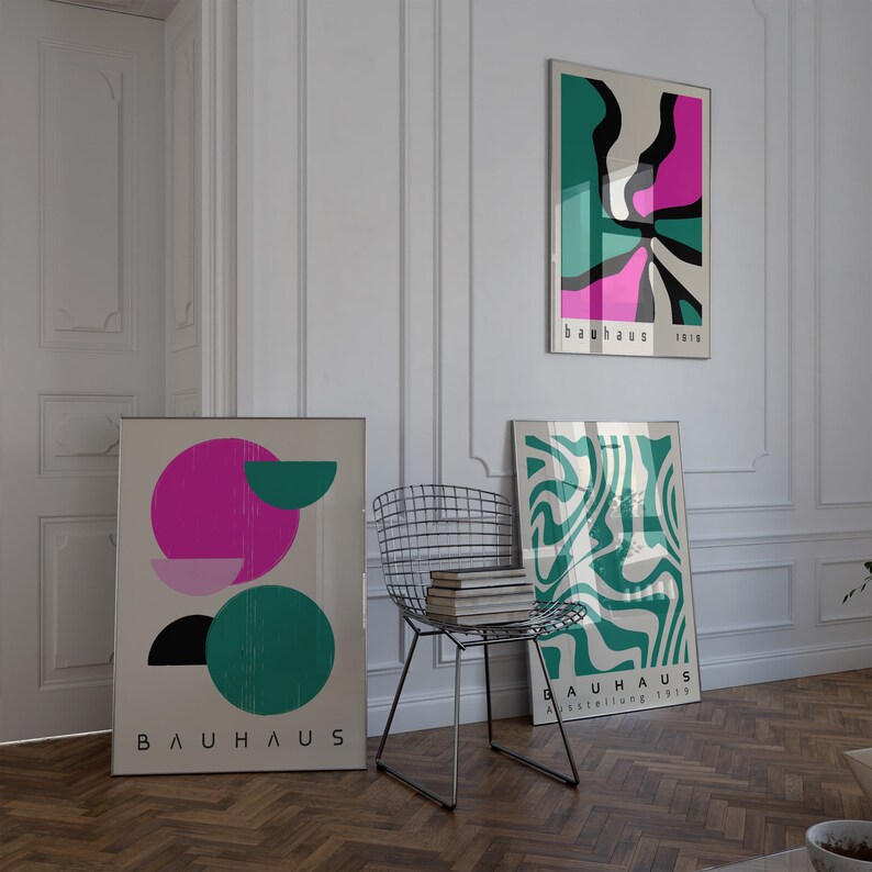 Hot Pink Bauhaus Printable Wall Art Set of 3, Green Mid Century Modern ...