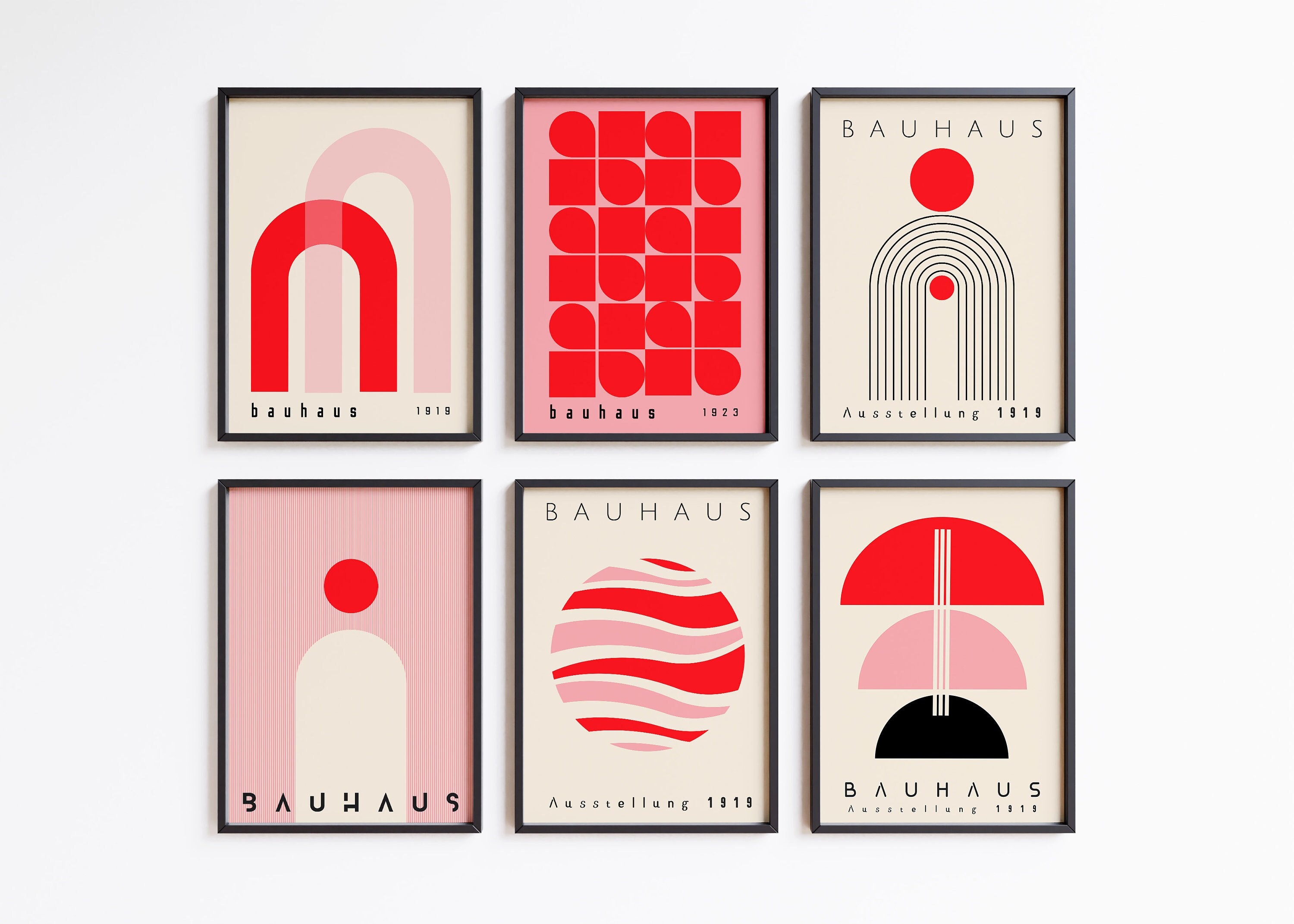 Bauhaus Printable Poster Set, Red and Pink Mid Century Modern Print Set ...