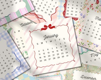 May include: A collection of decorative calendars with various months displayed. Each calendar features a unique design, including floral patterns, stripes, and bows. The January calendar is prominently featured, with a red bow and frame.