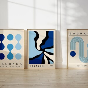Blue Bauhaus Printable Wall Art Set of 3, Mid Century Modern Art Print ...
