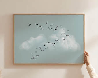 Flying Birds Silhouette Horizontal Printable Wall Art: Minimalist Blue Sky Cloud Landscape Nature Print