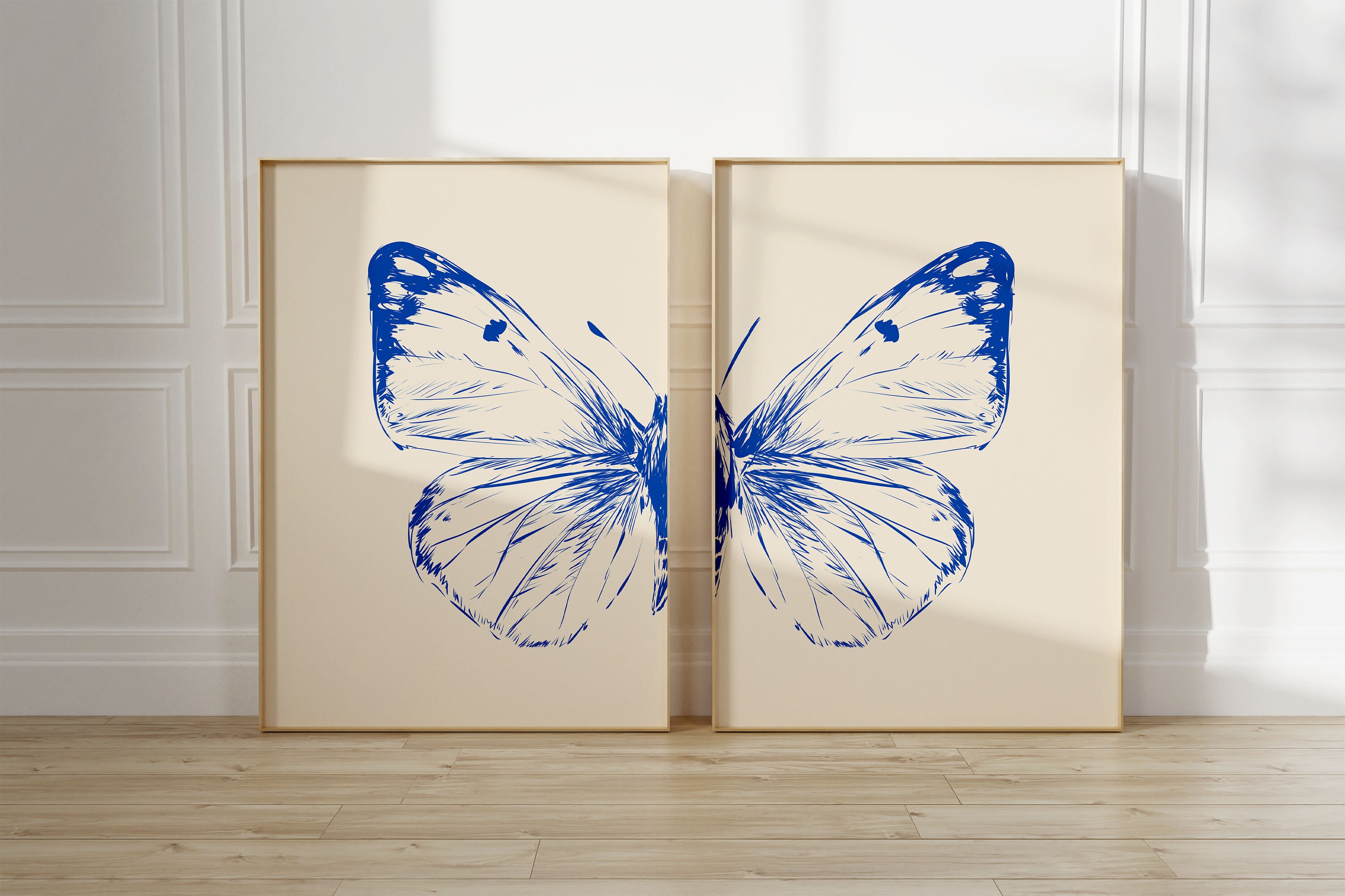 Blue Sketch Butterfly Wall Art Print Set of 2, Butterfly Printable Wall ...