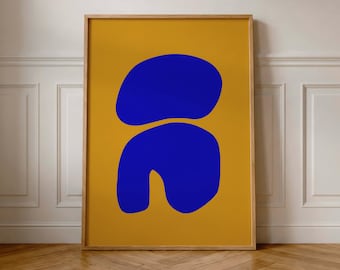 Minimalist Abstract Printable Wall Art: Royal Blue Organic Shape Art Print, Mustard Abstract Poster