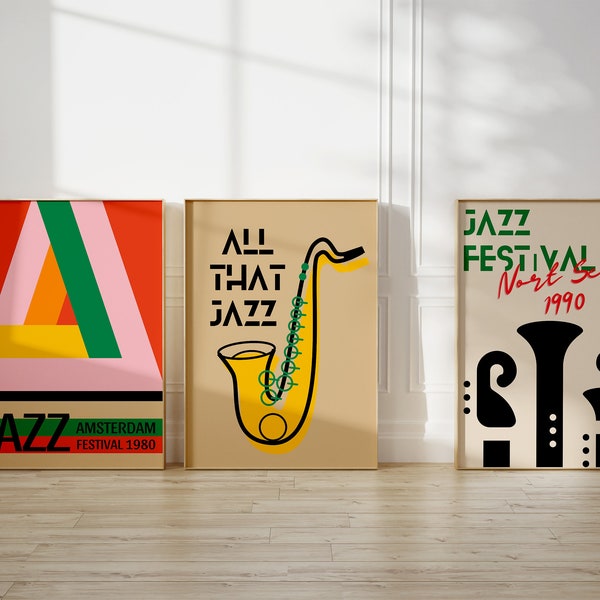 Jazz Festival Printable Wall Art Set de 3, Jazz Festival Poster Print, Retro Jazz Music Print Digital Download, Mid Century Modern Poster