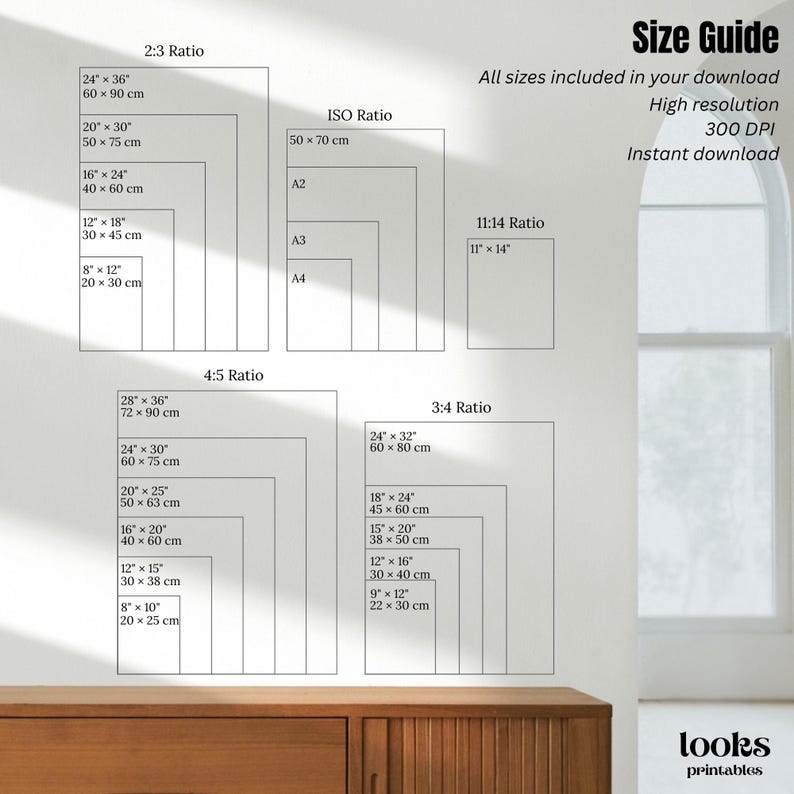 May include: A black and white size guide chart displaying various aspect ratios including 2:3, ISO, 11:14, 4:5, and 3:4. The text lists dimensions in inches and centimeters for multiple print sizes, alongside the text Size Guide, High resolution, 300 DPI, Instant download, and looks printables.