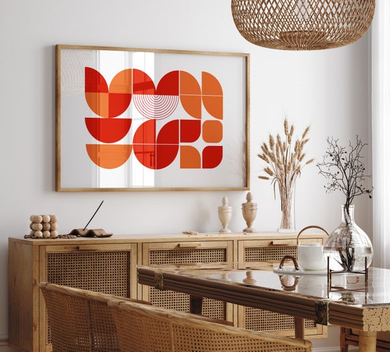 抽象的な赤とオレンジの印刷可能な横長ウォールアート、レトロなミニマ