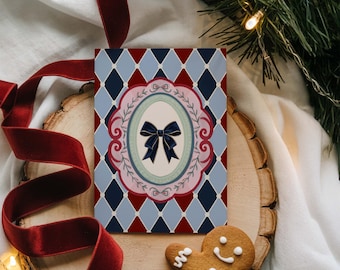Printable Christmas Card: Vintage Christmas Bow Card, Harlequin Holiday Greeting Card