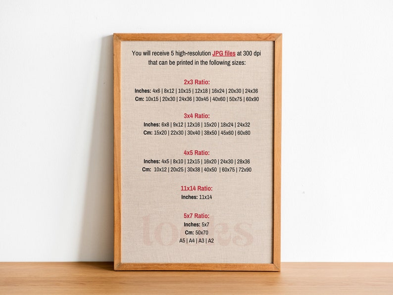 May include: A framed poster with a beige background and brown wood frame. The poster lists different print sizes in inches and centimeters for 5 aspect ratios: 2x3, 3x4, 4x5, 11x14, and 5x7. The text also includes the corresponding paper sizes for the 5x7 ratio: A5, A4, A3, and A2.