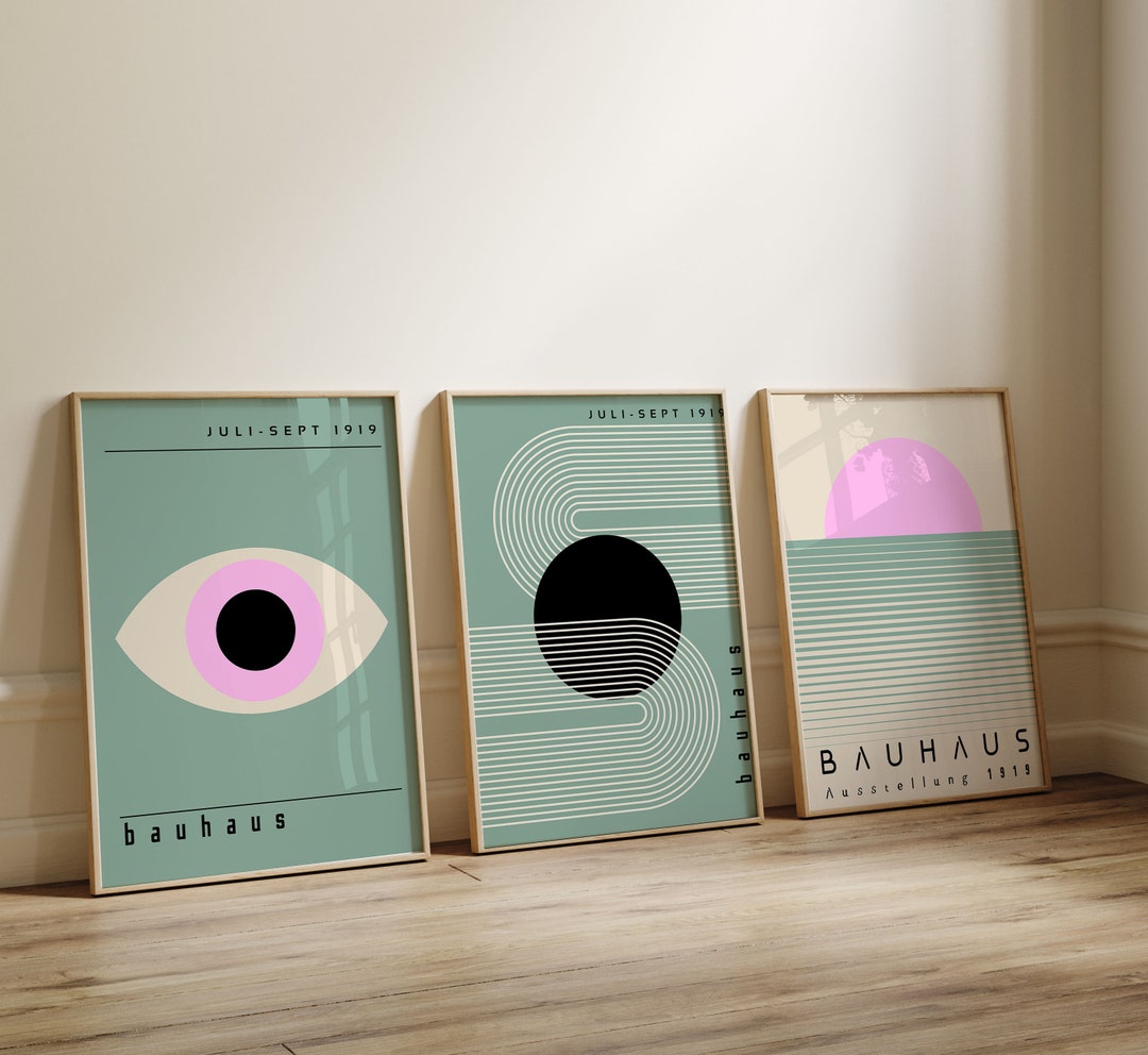 Bauhaus Printable Wall Art Set, Sage Green Bauhaus Print Set of 3, Pink ...