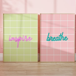 Pastel Green and Pink Printable Wall Art, Set of 2 Prints, Preppy Art Print Set, Preppy Dorm Room Decor, Neon Inspirational Quote Print,