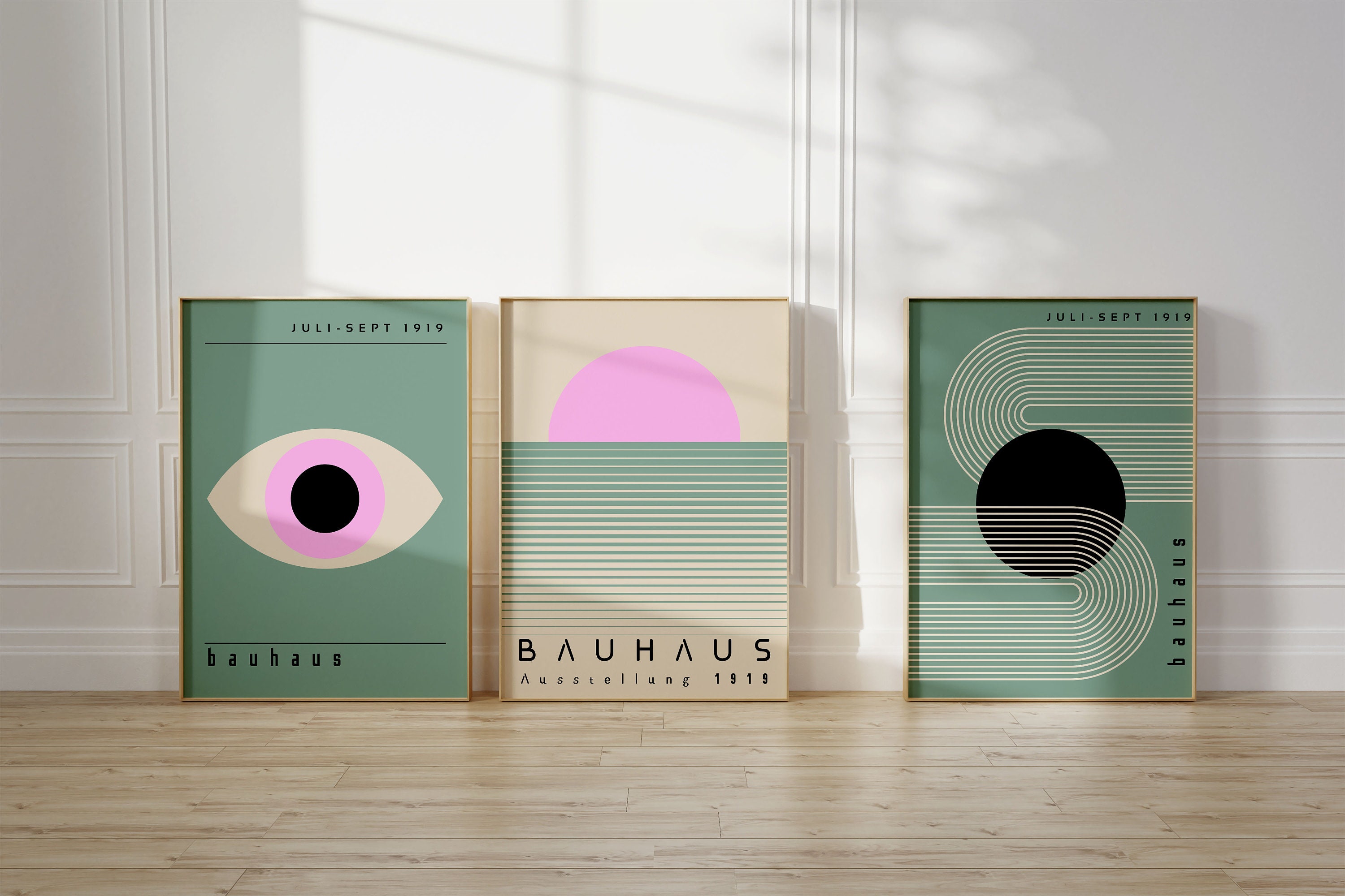 Bauhaus Printable Wall Art Set, Sage Green Bauhaus Print Set of 3, Pink ...