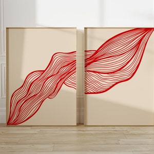Conjunto de arte de parede para impressão abstrata minimalista com 2 linhas onduladas vermelhas Impressão de arte moderna Tamanho grande Impressão minimalista Download digital pôster moderno