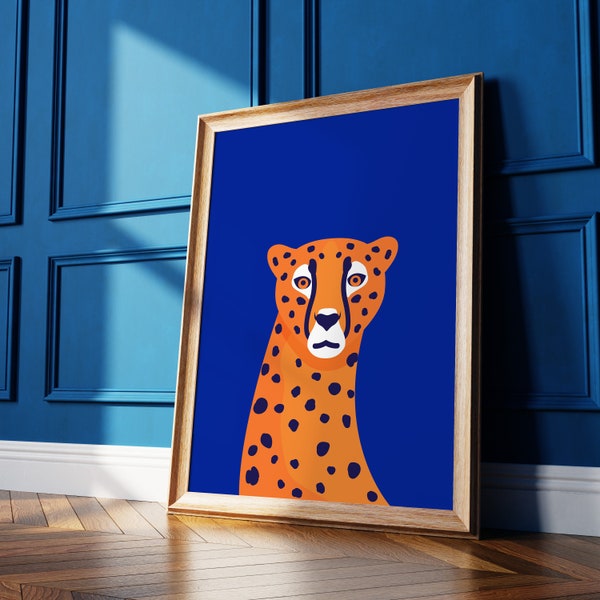 Cheetah Printable Wall Art, Animal Illustration Poster, Royal Blue Art Print, Jungle Art Print, Eclectic Home Decor, Large Colorful Art,
